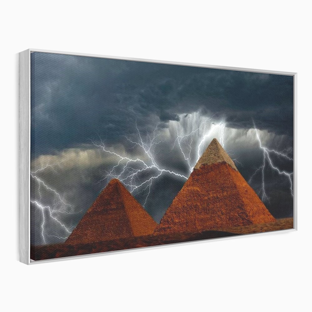 Tablou canvas cu ilustratie cu piramide si fulgere, in rama de aluminiu argintiu